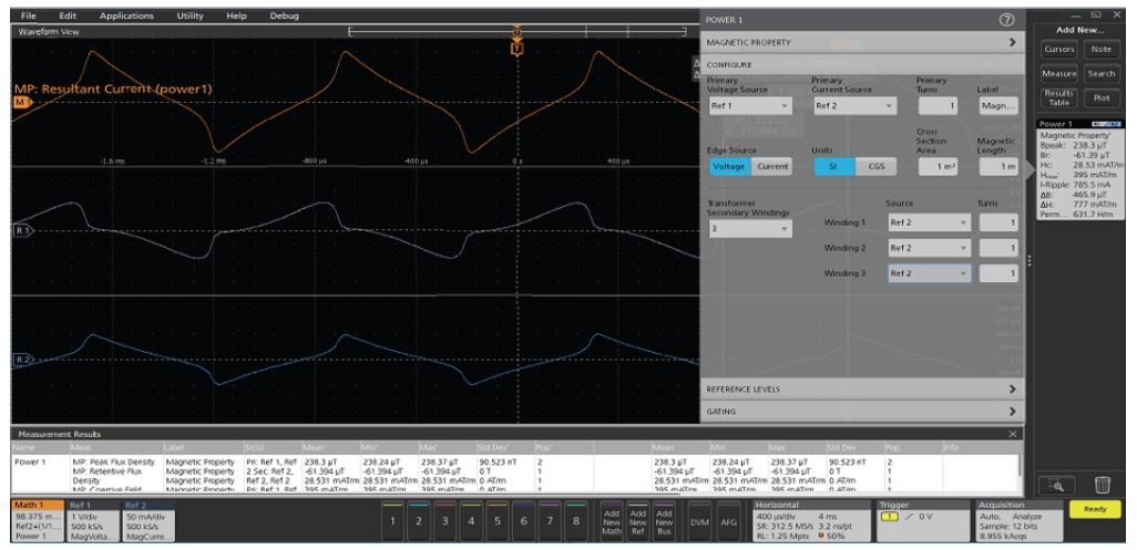 FIGURE 8. Magnetic measurements on multi secondary winding transformer. The Ref1 (white) waveform is the voltage across the inductor and the Ref 2 (blue) waveform is the inductor current. The math wfm (orange) which is the resultant current wfm is created when the user configures to test multiple secondary windings.