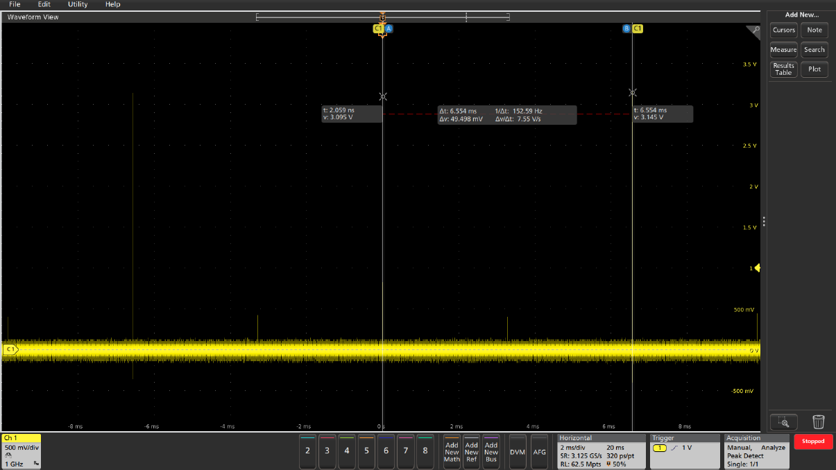 Multiple pulses captured with Peak Detect and long record length.