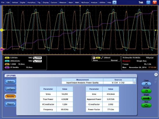 Power quality analysis using DPOPWR on an MSO5104B oscilloscope