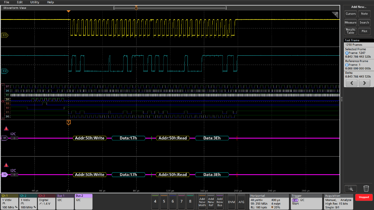 FastFrame acquisition of analog and digital serial bus signals, along with the decoded bus waveforms from each, capturing the bus activity and ignoring the dead-time between packets.