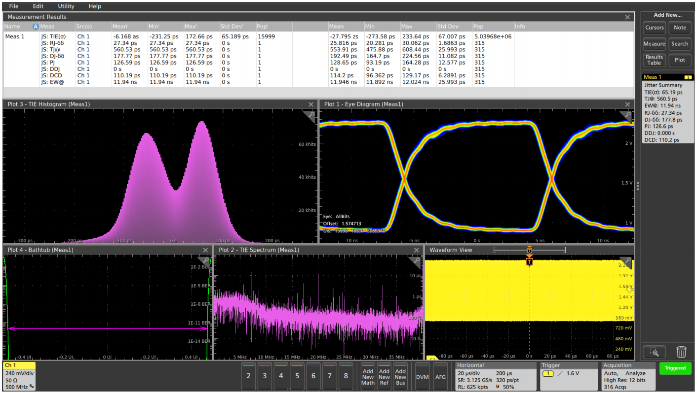 The 5 Series MSO Jitter Summary analysis of a 40 MHz clock. 