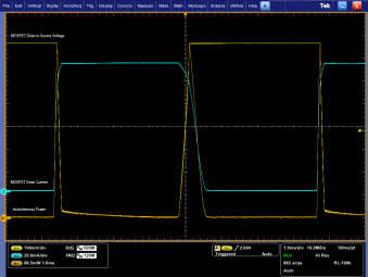 Oscilloscope display of MOSFET voltage (yellow), current (cyan), and instantaneous power (orange).